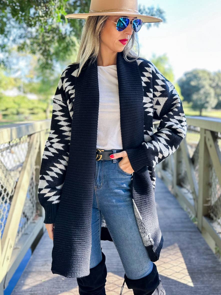 Black Aztec Printed Lightweight Cardigan with Pockets
