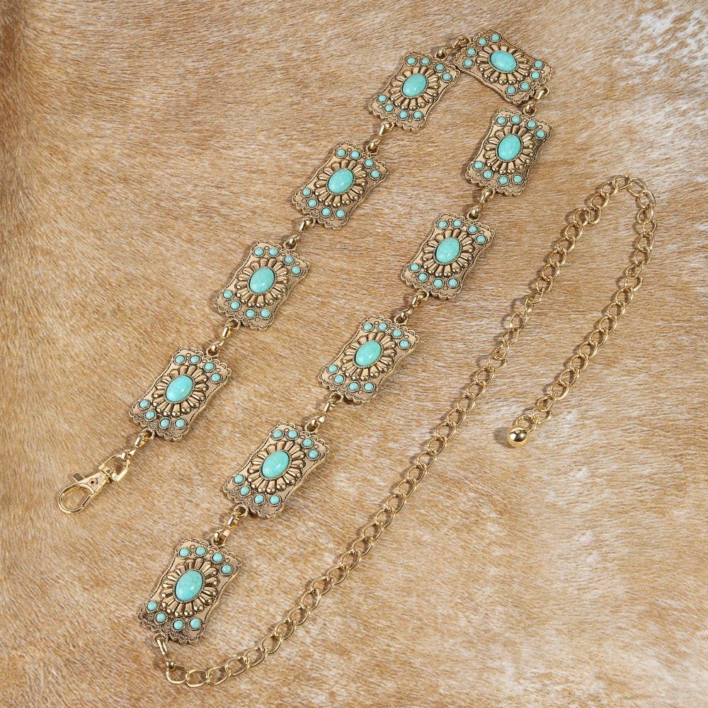 Turquoise Stone Detail Western Concho Chain Belt
