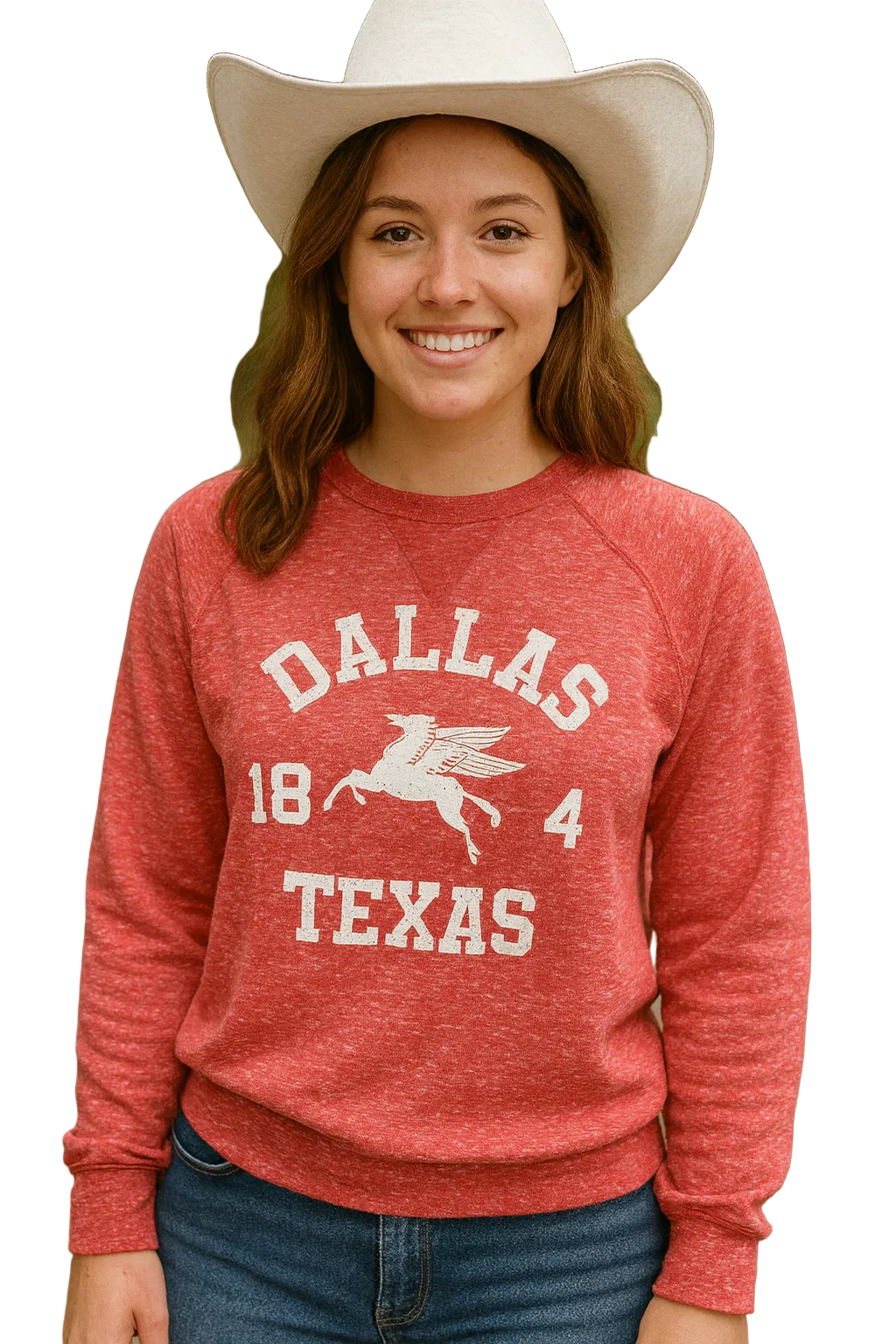 Dallas Texas 1841 Pegasus Red Snow Heather French Terry Crew Fleece Sweater