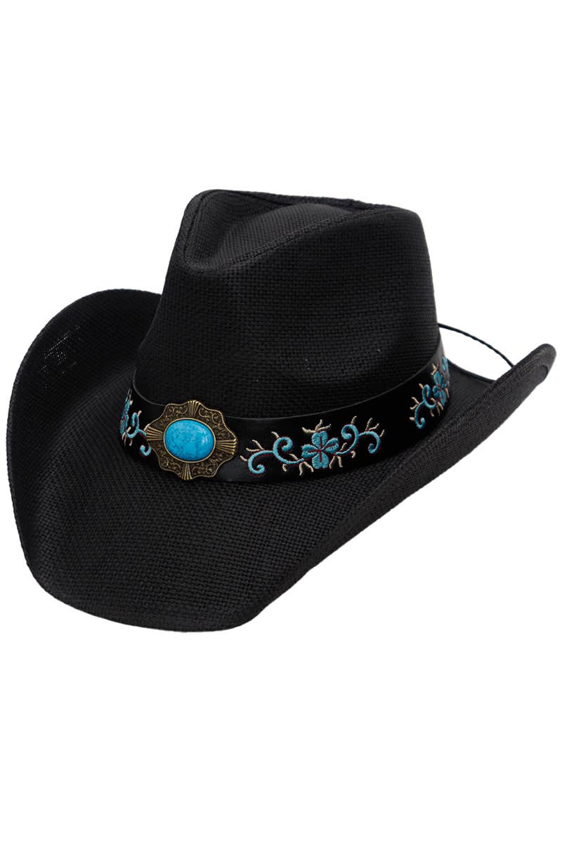 Turquoise Concho Belt Hard Shell Straw Cowboy Hat