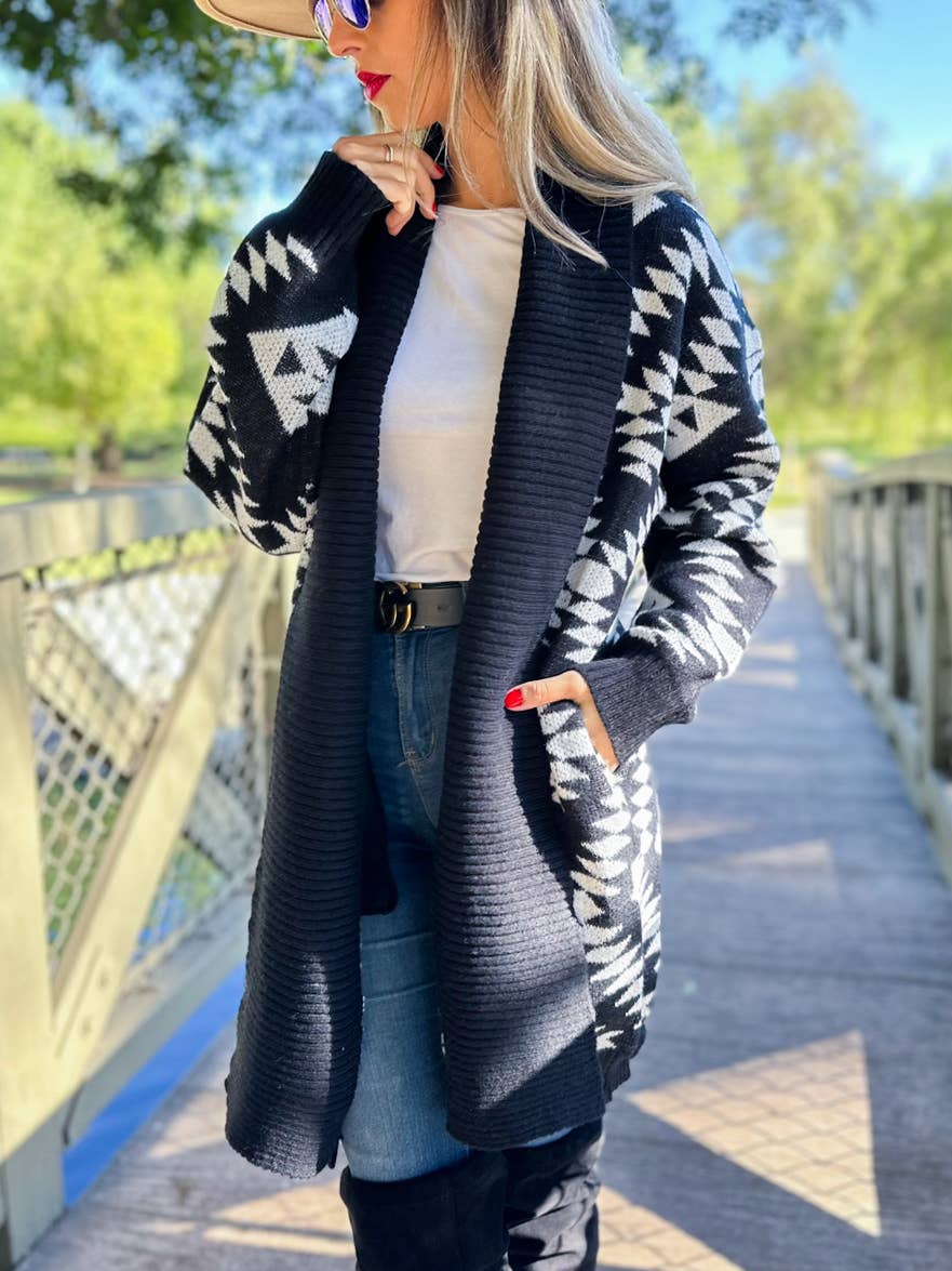 Black Aztec Printed Lightweight Cardigan with Pockets