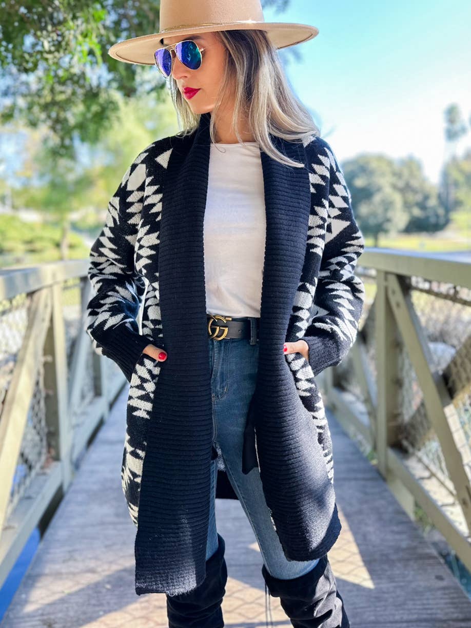Black Aztec Printed Lightweight Cardigan with Pockets