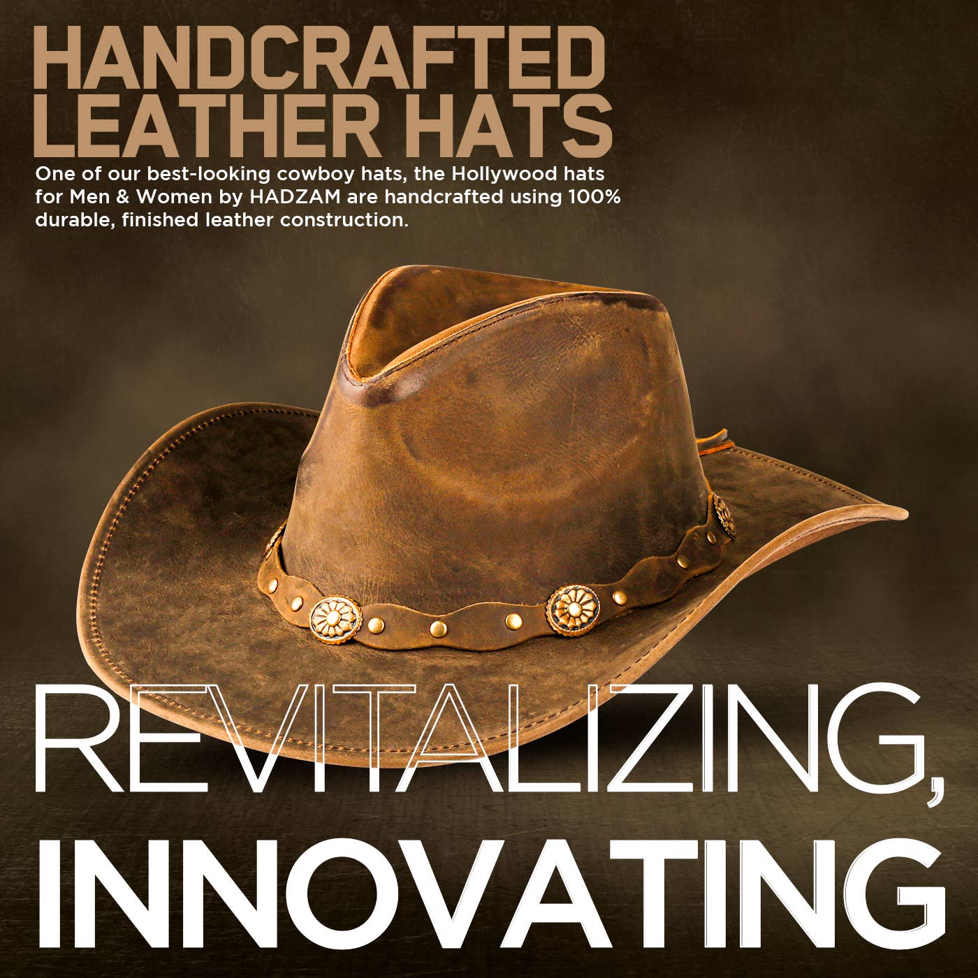 HADZAM Shapeable Brown Wide Brim Western Leather Cowboy Hat