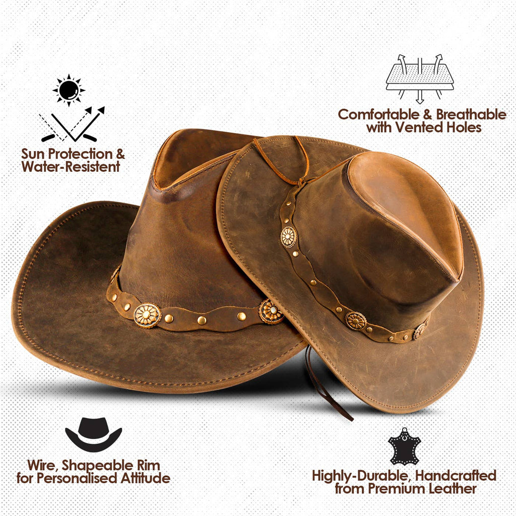 HADZAM Shapeable Brown Wide Brim Western Leather Cowboy Hat