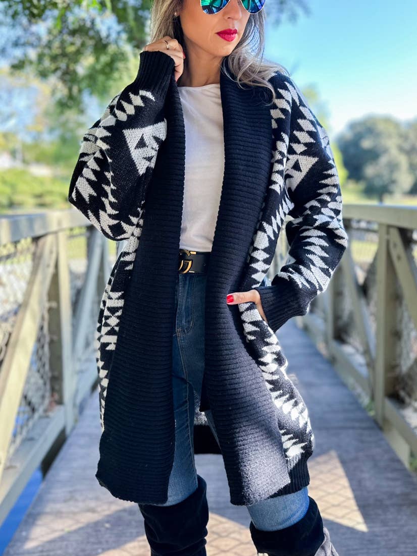 Black Aztec Printed Lightweight Cardigan with Pockets