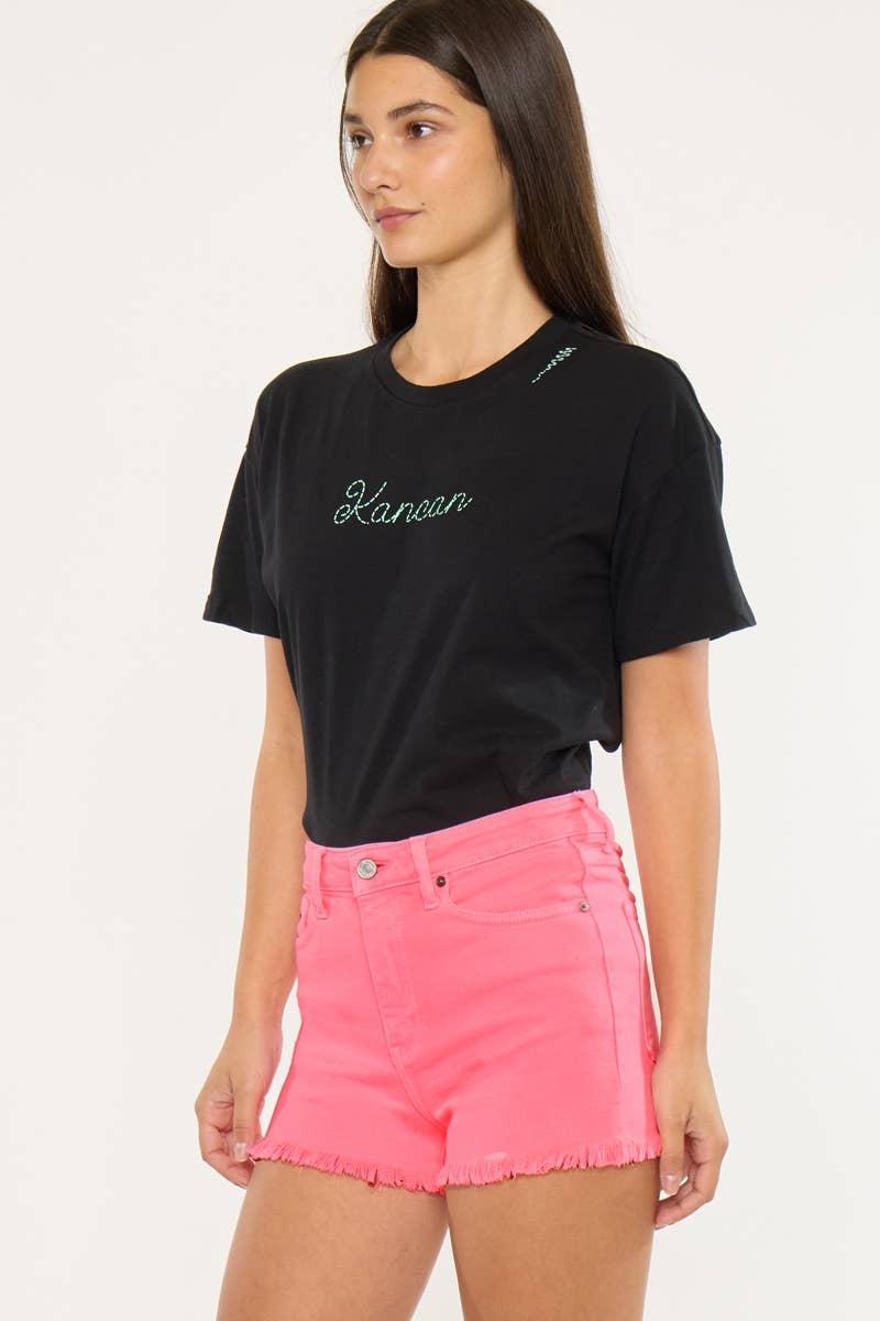 HIGH RISE NEON PINK DENIM SHORTS