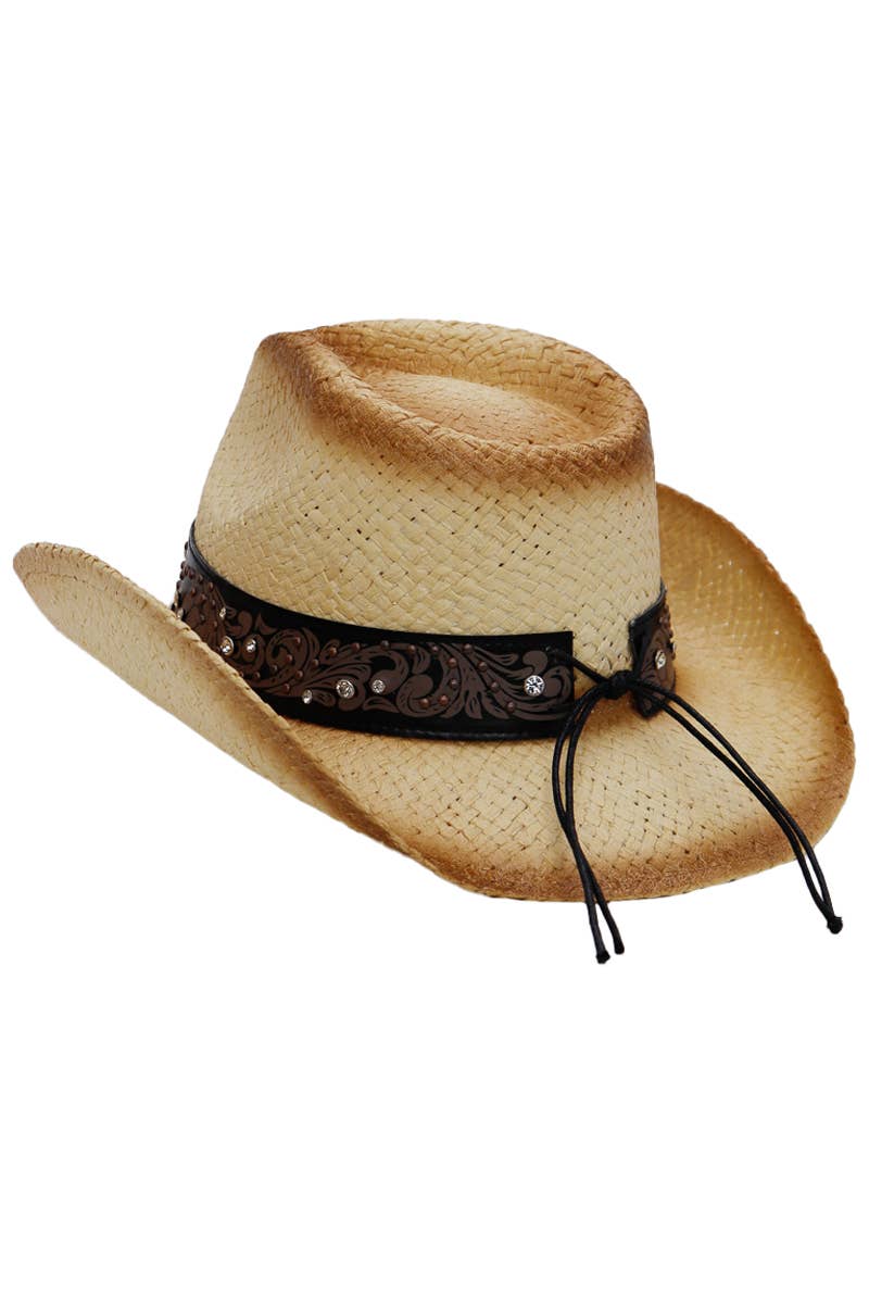 Heart Bling Rhinestone Belt Ombre Straw Cowboy Hat