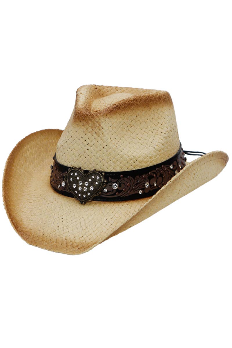 Heart Bling Rhinestone Belt Ombre Straw Cowboy Hat