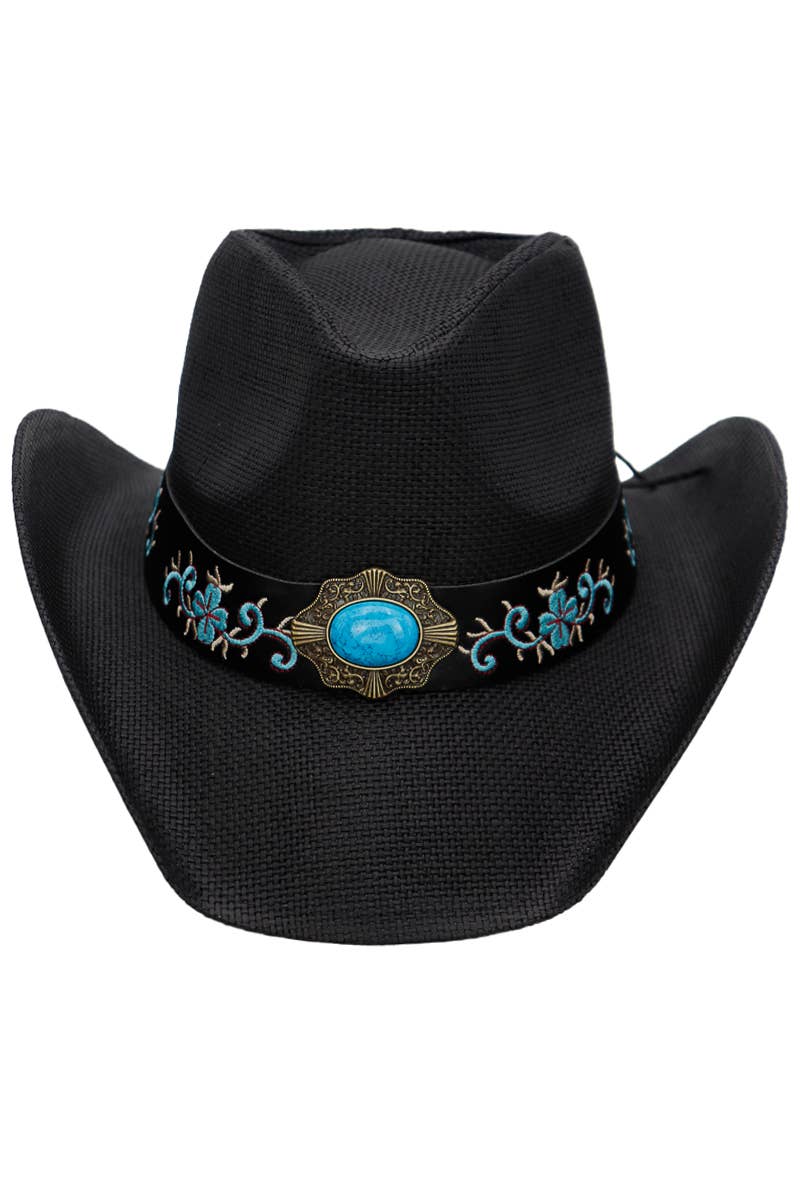 Turquoise Concho Belt Hard Shell Straw Cowboy Hat