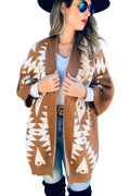 Caramel Open Front Aztec Printed Knitted Cardigan