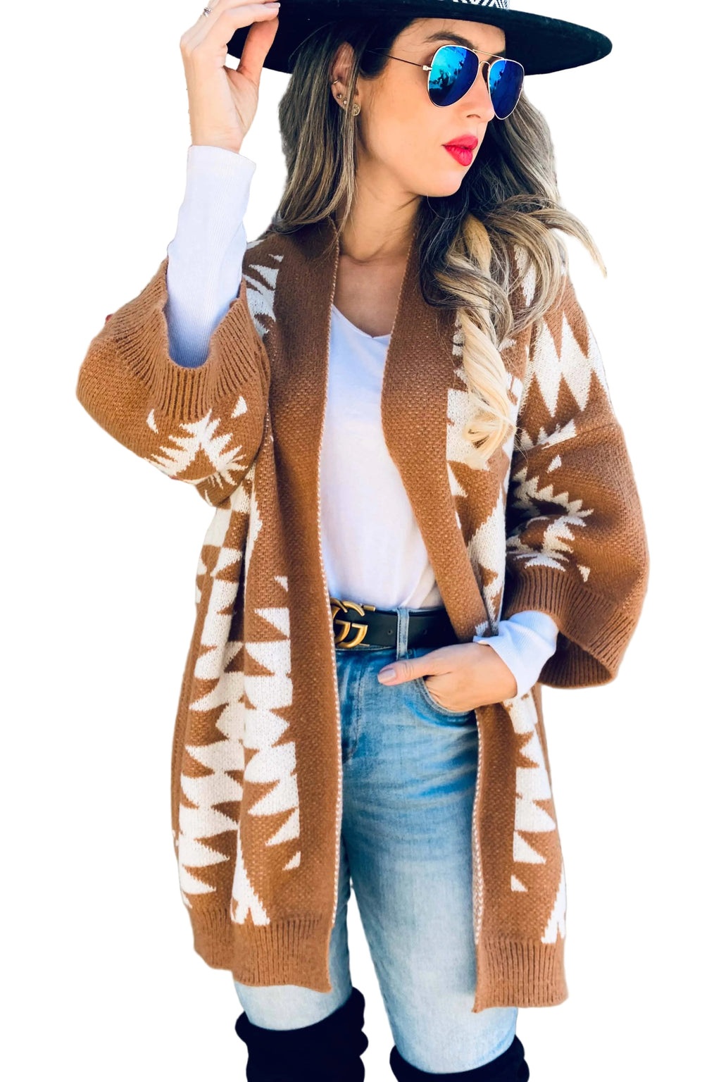 Caramel Open Front Aztec Printed Knitted Cardigan