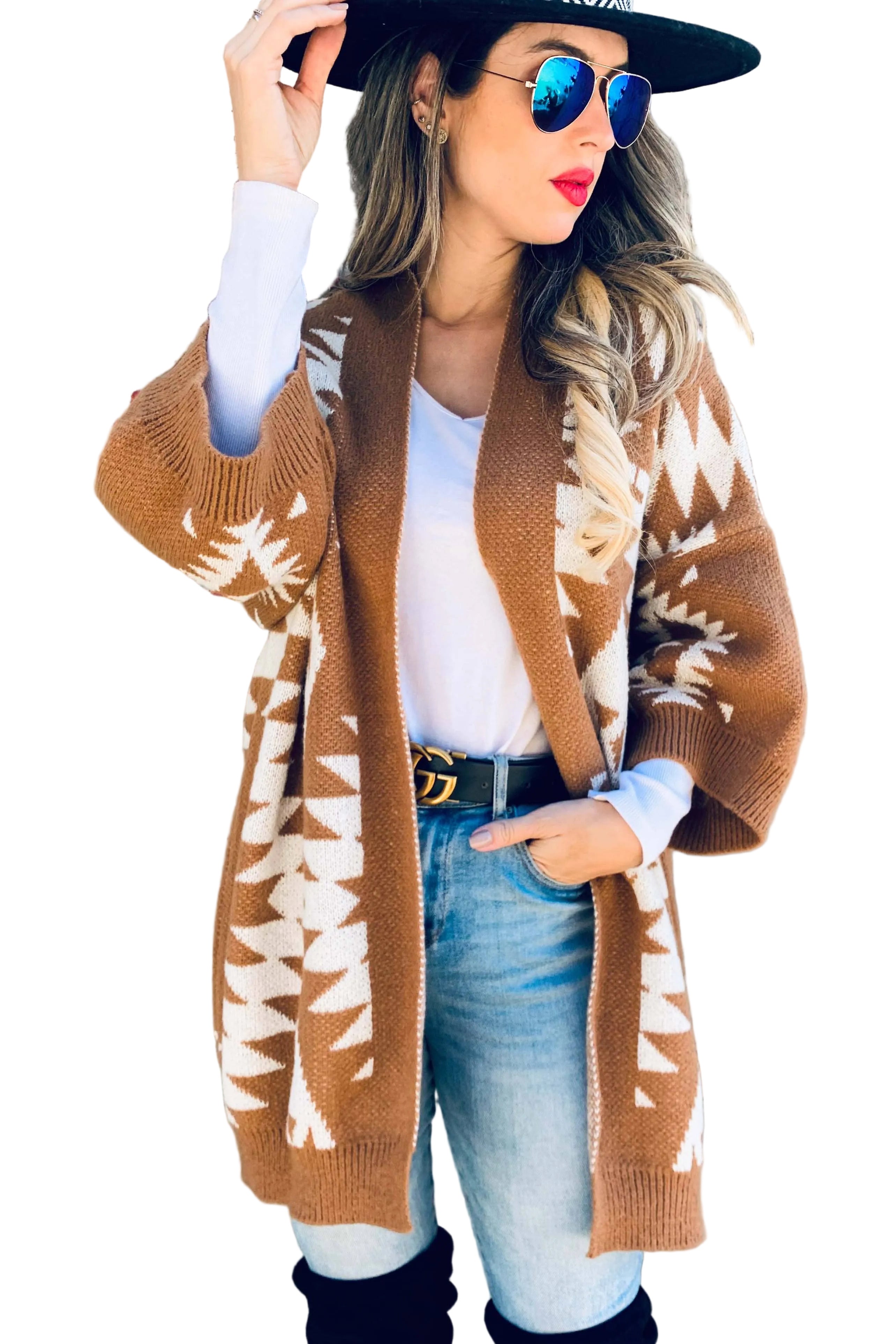 Caramel Open Front Aztec Printed Knitted Cardigan