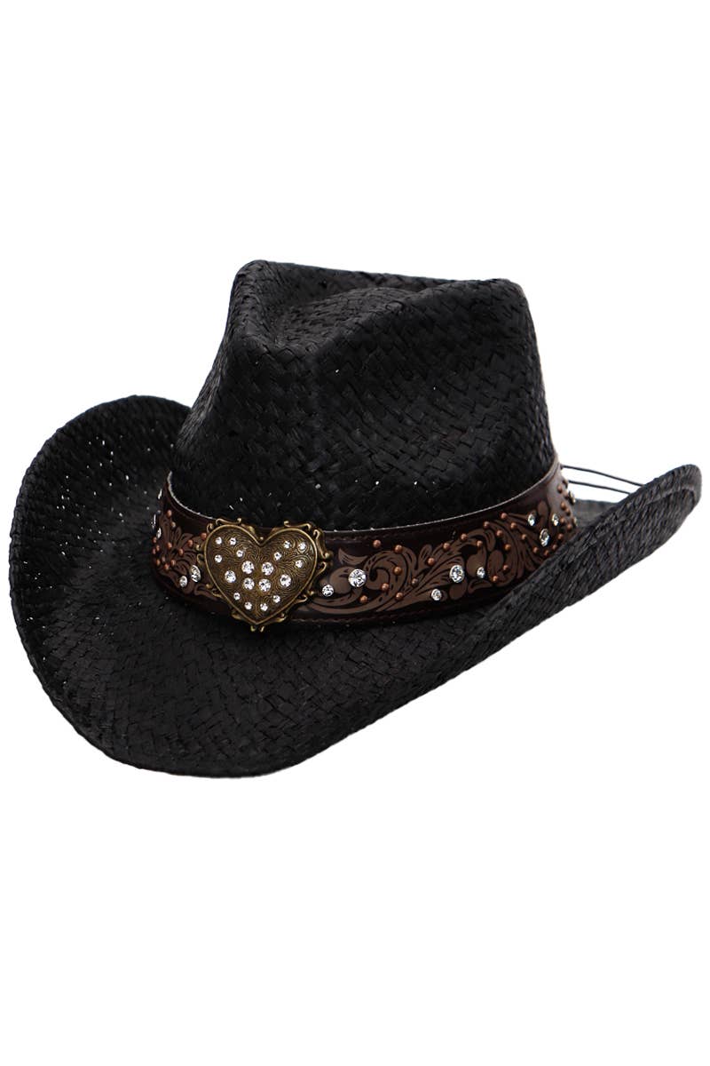 Heart Bling Rhinestone Belt Ombre Straw Cowboy Hat