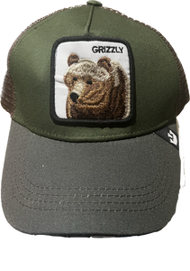 Grizzly Bear  Retro Trucker 2-Tone Pull Patch Hat By Snapback - Army Green  and Brown