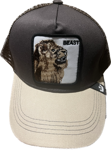BEAST LION  Retro Trucker 2-Tone Pull Patch Hat By Snapback - BROWN /TAN BILL/ BROWN MESH