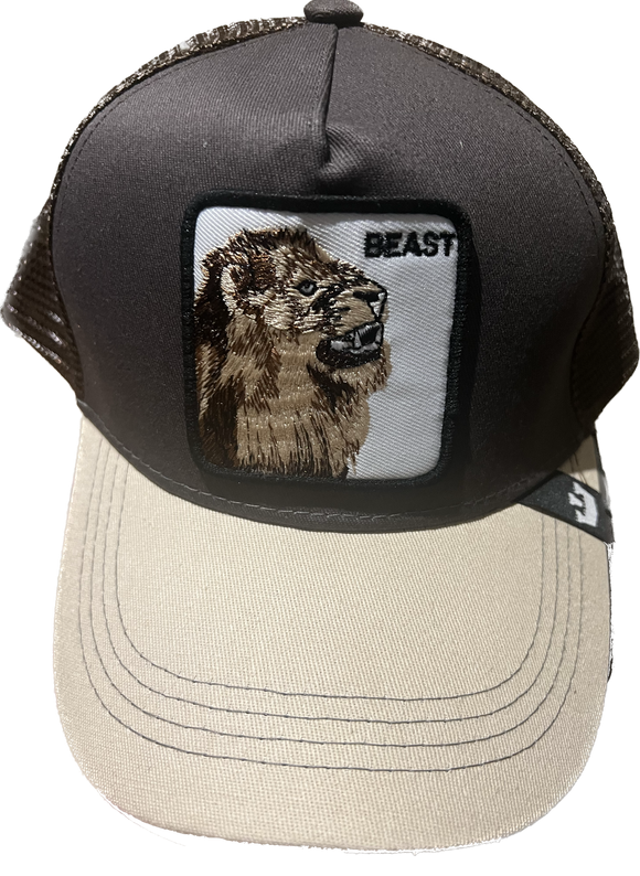 BEAST LION  Retro Trucker 2-Tone Pull Patch Hat By Snapback - BROWN /TAN BILL/ BROWN MESH