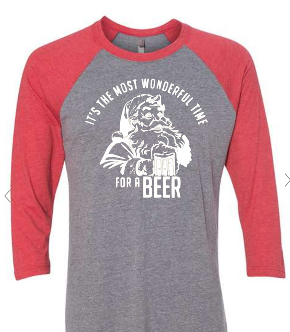 It's The Most Wonderful Time For A Beer 3/4 Raglan Vintage Red Sleeves/ Premium Heather Body Tri-Blend Shirt