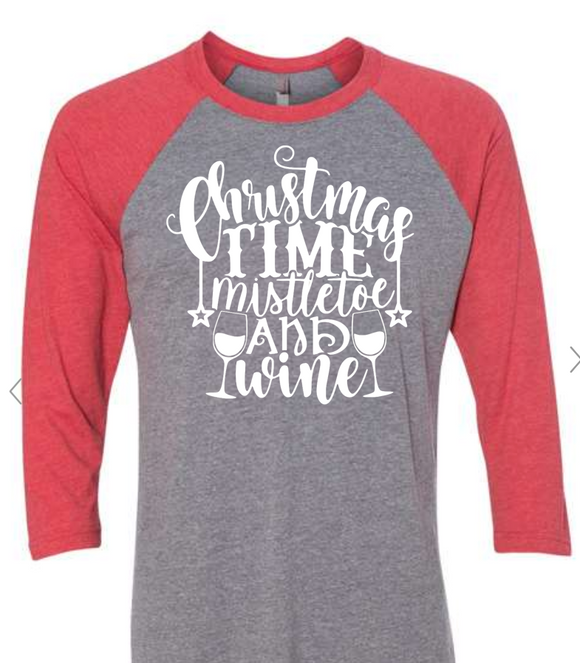 Christmas Time Mistletoe And Wine  3/4 Raglan Vintage Red Sleeves/ Premium Heather Body Tri-Blend Shirt